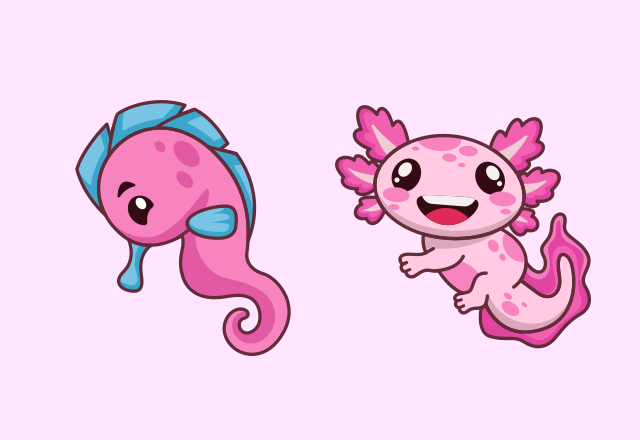 Custom Cursor Cute Seahorse and Axolotl in Kawaii Style